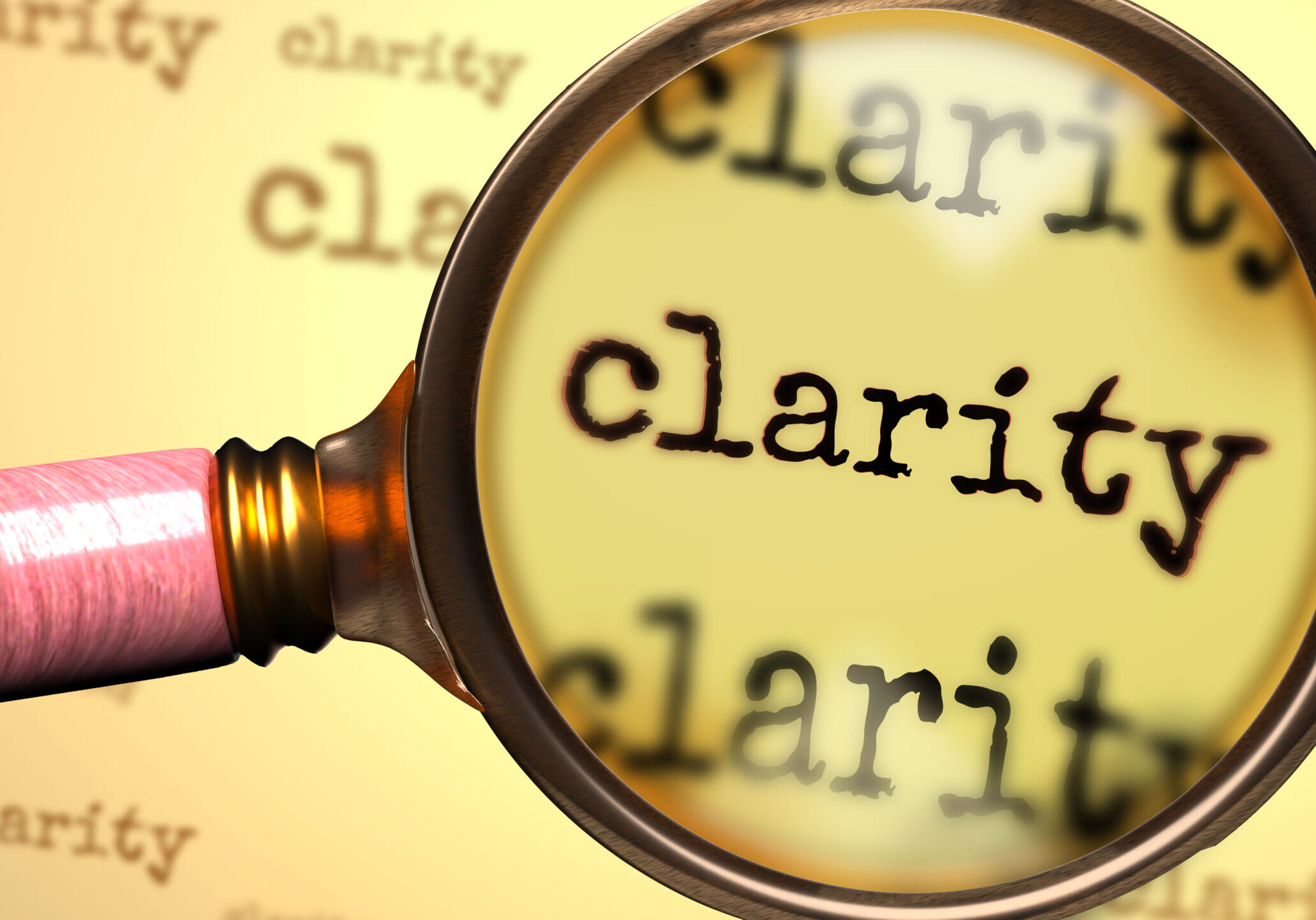 Clarity and a magnifying glass on English word Clarity to symbolize studying, examining or searching for an explanation and answers related to a concept of Clarity, 3d illustration